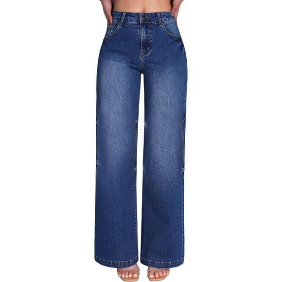 Denim - Women's Wide Leg Jeans High Waisted Stretchy Denim Trousers Casual Versatile